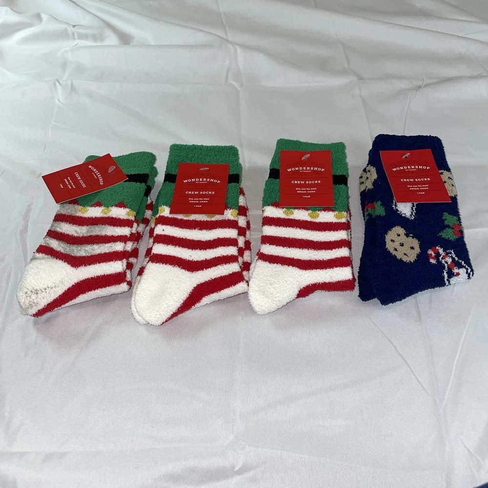 Wondershop Target Christmas Fuzzy Crew Socks 4 Pair Bundle Elf Cookies Holiday